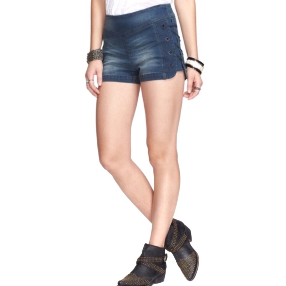 Free People High Rise Denim Jean No Fly Shorts with Lace Up Side Hip Braid